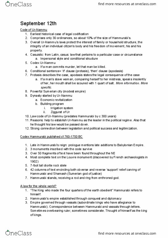 CLASSICS 2LW3 Lecture Notes - Lecture 2: Code Of Hammurabi, Shamash, Diorite thumbnail