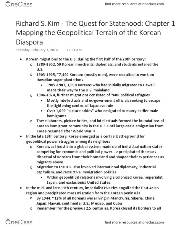 AS AM 100DD Chapter Notes - Chapter 1: Korean Diaspora, Gunboat Diplomacy, Unequal Treaty thumbnail