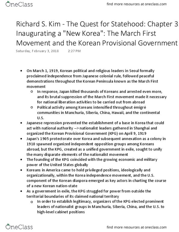 AS AM 100DD Chapter Notes - Chapter 3: March 1St Movement, Provisional Government Of The Republic Of Korea, Korean Nationalism thumbnail