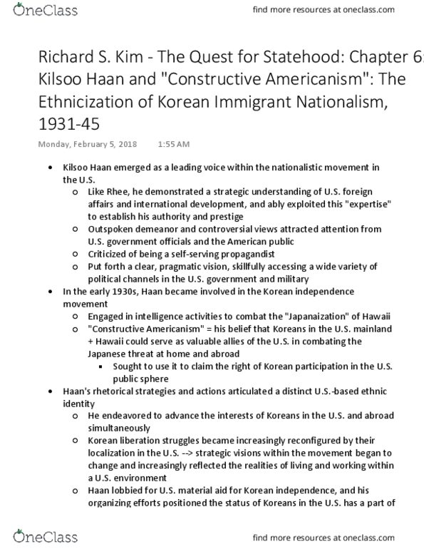 AS AM 100DD Chapter Notes - Chapter 6: Korean Independence Movement, Syngman Rhee, Korean Nationalism thumbnail