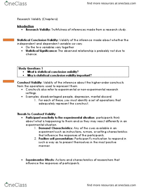 PSYC 201W Chapter Notes - Chapter 6: Statistical Conclusion Validity, Construct Validity, Dependent And Independent Variables thumbnail