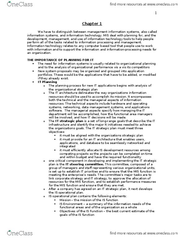 ADMS 2511 Chapter Notes - Chapter 1: Information Technology Architecture, Business Process, Information System thumbnail