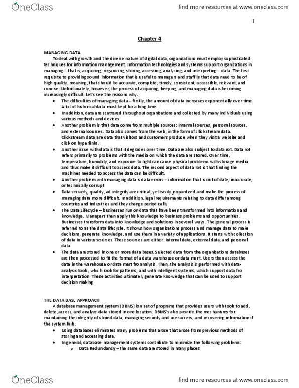 ADMS 2511 Chapter Notes - Chapter 4: Relational Database Management System, Sql, Data Degradation thumbnail