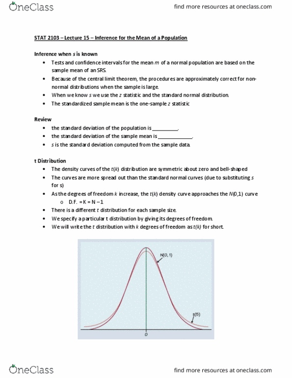 STAT 2103 Lecture Notes - Lecture 15: Normal Distribution, Central Limit Theorem, Standard Deviation thumbnail