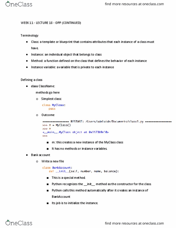 CSE 1010 Lecture Notes - Lecture 18: Instance Variable, Init thumbnail