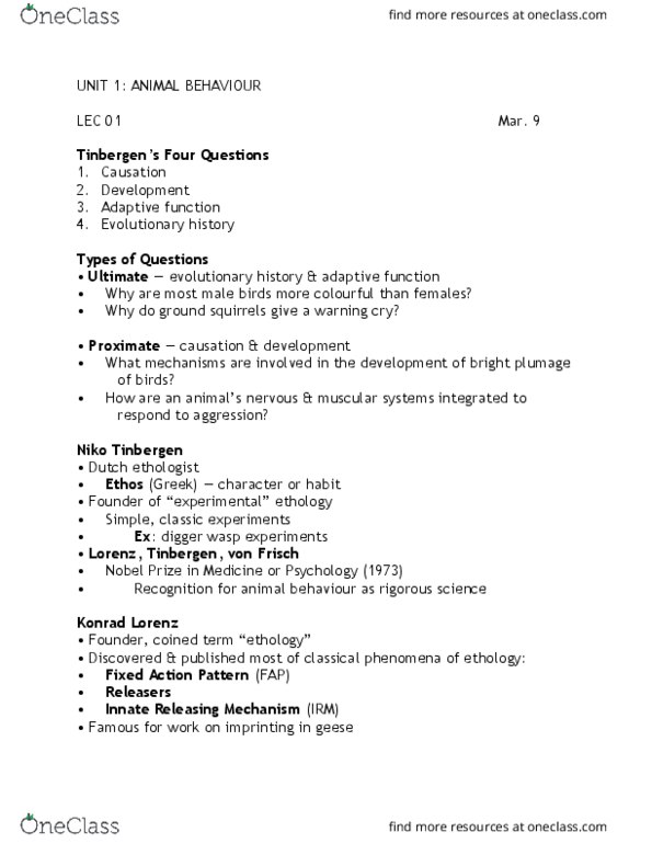 BIOA02H3 Lecture Notes - Lecture 1: Nikolaas Tinbergen, Konrad Lorenz, Sphex thumbnail