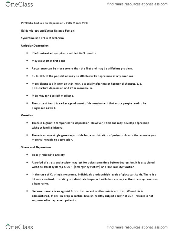 PSYC 462 Lecture Notes - Lecture 18: Postpartum Depression, Dexamethasone, Cortisol thumbnail