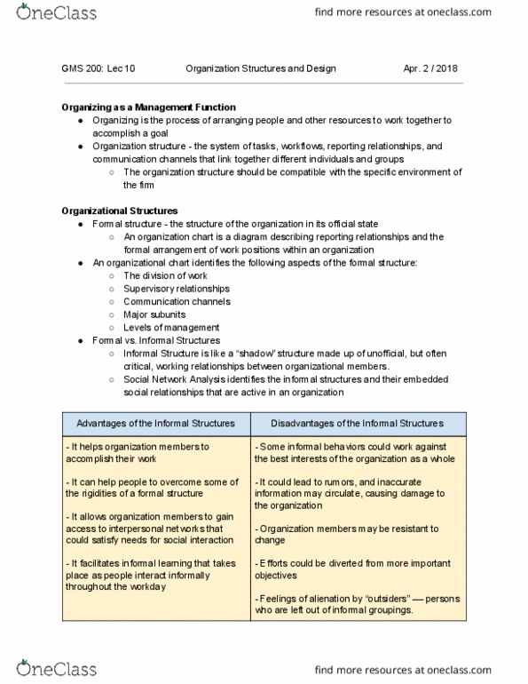 GMS 200 Lecture Notes - Lecture 10: Organizational Chart, Informal Learning, Outsourcing thumbnail