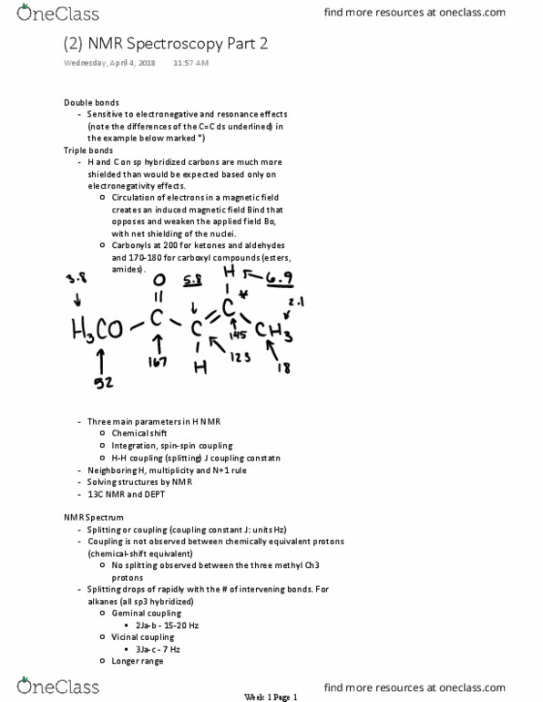 CHEM 140B Lecture Notes - Lecture 2: Chemical Shift, Geminal, Spectroscopy thumbnail