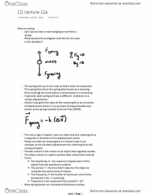 PHYS 1C Lecture Notes - Lecture 2: Simple Harmonic Motion, Propagation Constant, Net Force thumbnail