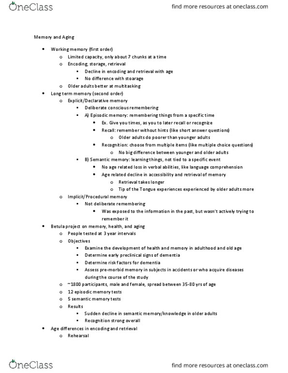 FRHD 2060 Lecture Notes - Lecture 8: Episodic Memory, No Age, Dementia thumbnail