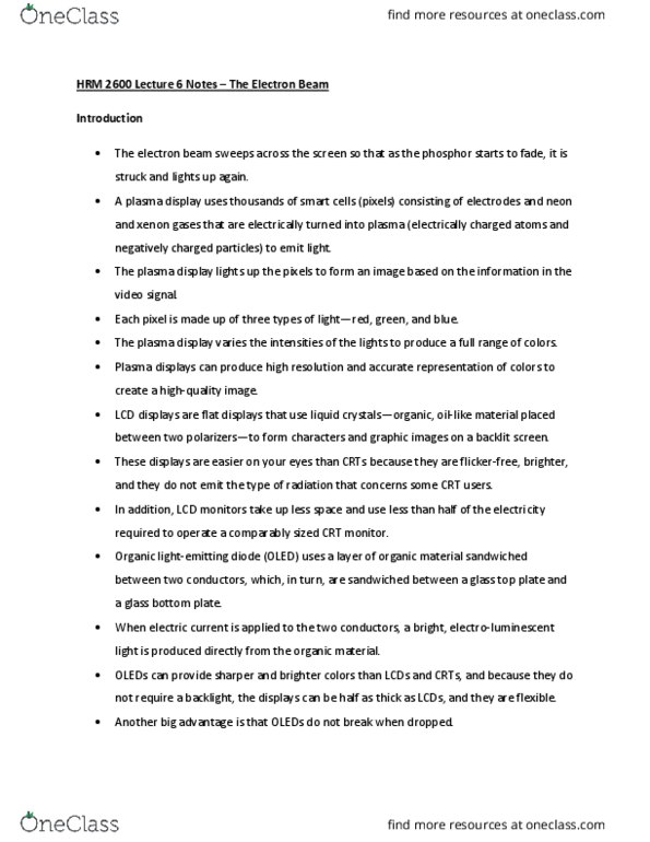 HRM 2600 Lecture Notes - Lecture 6: Plasma Display, Electroluminescence thumbnail