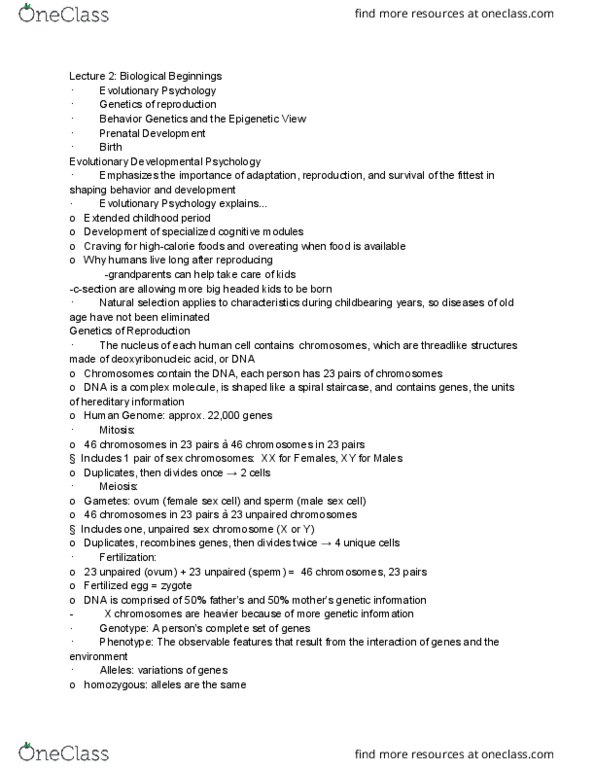 PSY BEH 101D Lecture Notes - Lecture 2: Egg Cell, Prenatal Development, Mitosis thumbnail