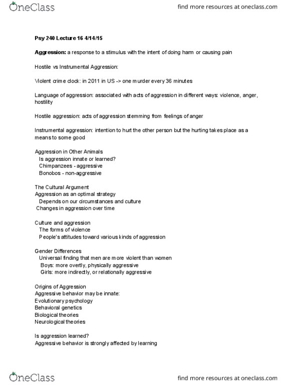 PSY 240 Lecture Notes - Lecture 14: Social Learning Theory, Behavioural Genetics, Reinforcement thumbnail