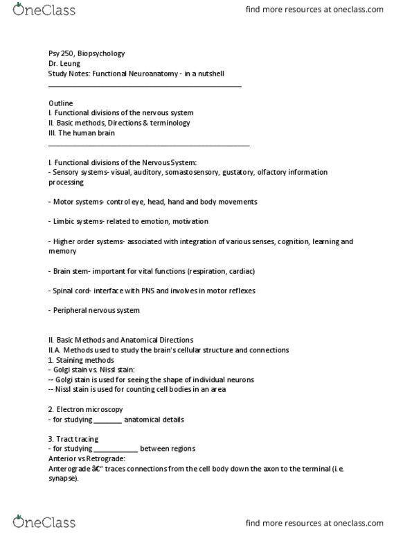 PSY 250 Lecture Notes - Lecture 5: Franz Nissl, Golgi'S Method, Peripheral Nervous System thumbnail