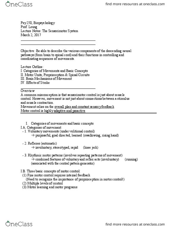 PSY 250 Lecture Notes - Lecture 12: Central Pattern Generator, Motor Control, Motor Learning thumbnail