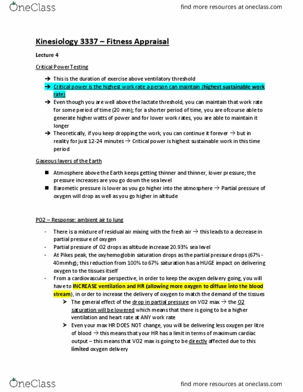 Kinesiology 3337A/B Lecture Notes - Lecture 4: Vo2 Max, Partial Pressure, Cardiac Output thumbnail