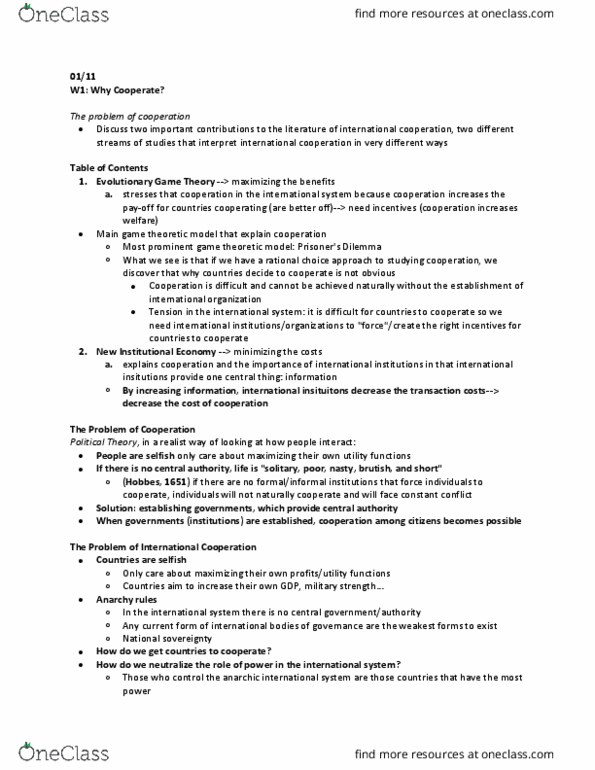 POLI 359 Lecture Notes - Lecture 1: Stephen D. Krasner, Pareto Efficiency, Game Theory thumbnail