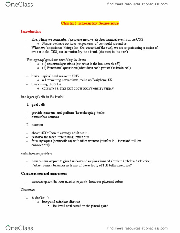 PSYCH 1XX3 Chapter Notes - Chapter 3: Pineal Gland, Neuroglia, Reductionism thumbnail