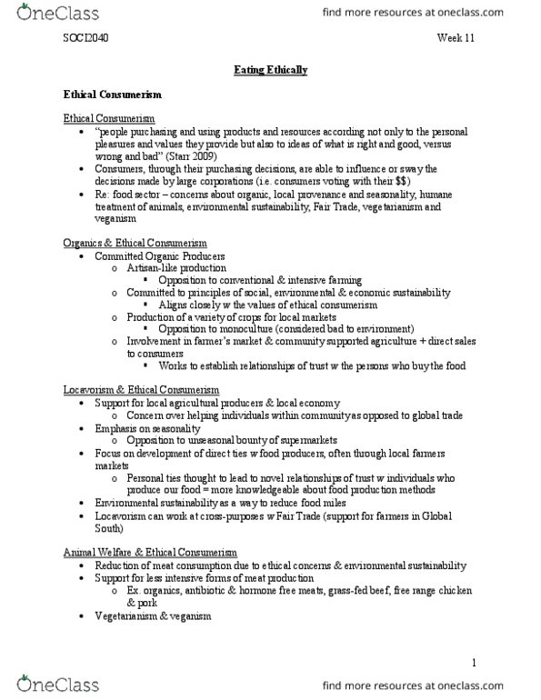 SOCI 2040 Lecture Notes - Lecture 11: Community-Supported Agriculture, Ethical Consumerism, Local Food thumbnail