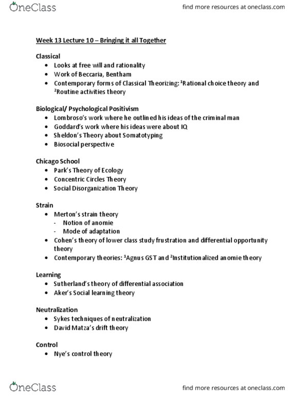 CRMN 2850U Lecture Notes - Lecture 10: Social Disorganization Theory, Anomie, Differential Association thumbnail