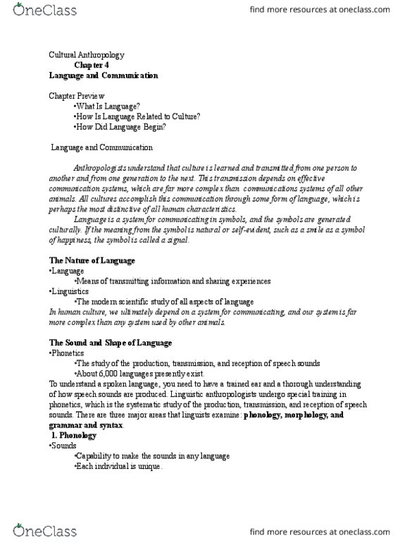 ANTH 1150 Lecture Notes - Lecture 4: Linguistic Anthropology, Bound And Unbound Morphemes, Morpheme thumbnail