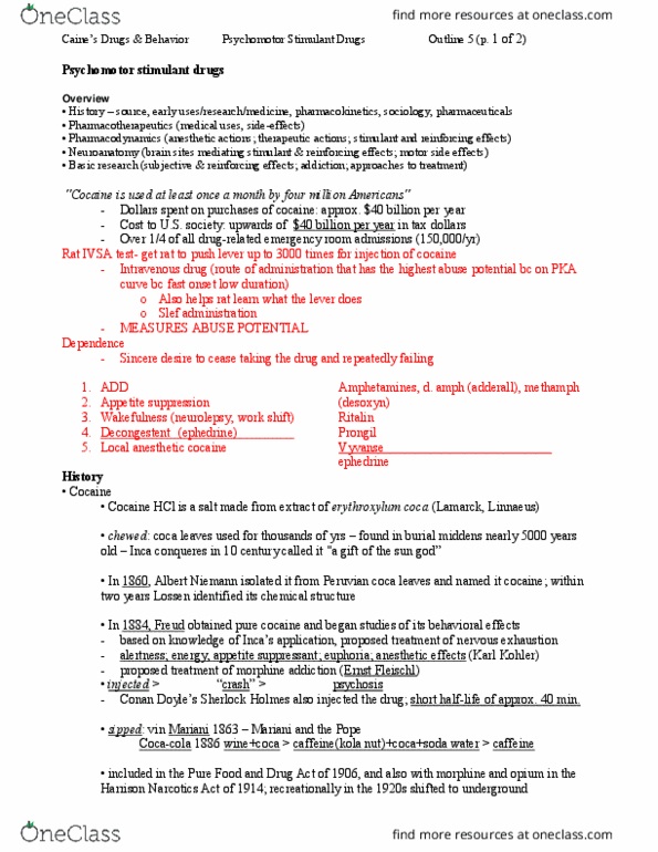 CAS PS 333 Lecture Notes - Lecture 8: Erythroxylum Coca, Harrison Narcotics Tax Act, Vin Mariani thumbnail