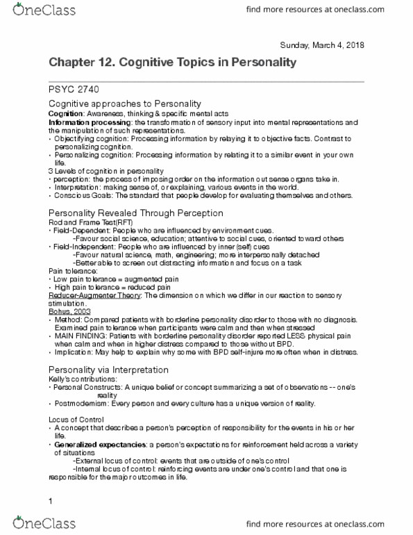 PSYC 2740 Lecture Notes - Lecture 12: Borderline Personality Disorder, Pain Tolerance, Information Processing thumbnail