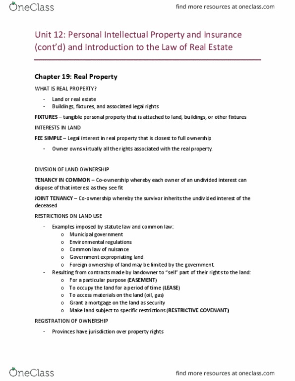 MCS 3040 Chapter Notes - Chapter 19: Caveat Emptor, Concurrent Estate, Land Registration thumbnail