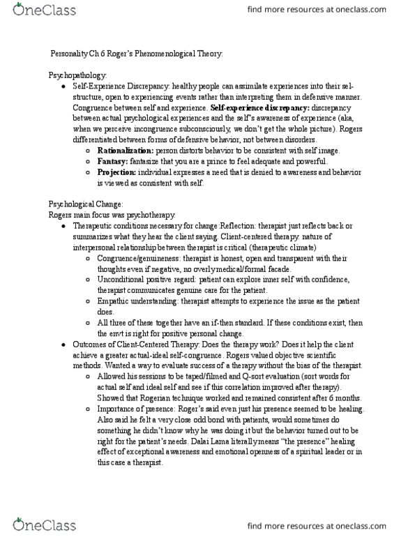 PSY 0160 Lecture Notes - Lecture 8: Unconditional Positive Regard, Interpersonal Relationship, Psychopathology thumbnail