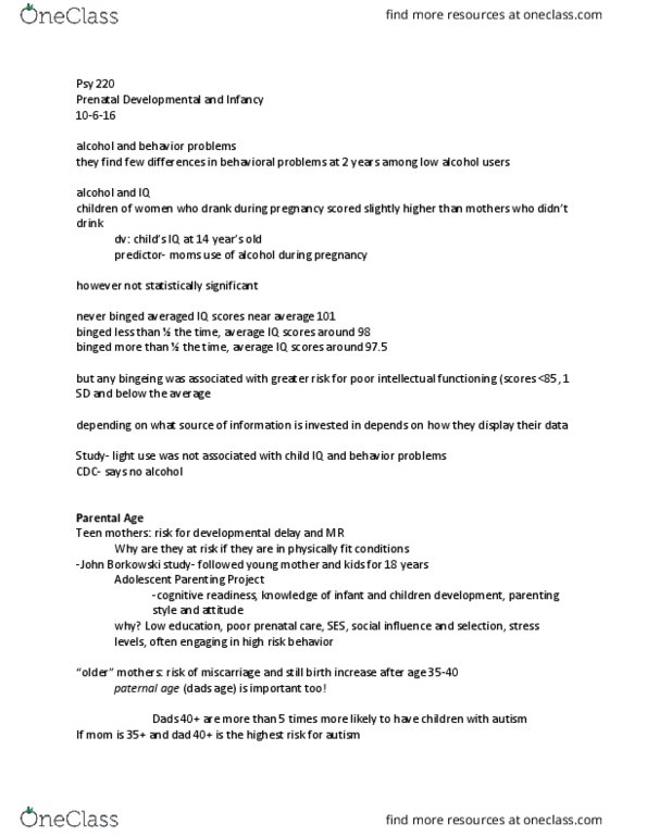 PSY 220 Lecture Notes - Lecture 9: Prenatal Care, Miscarriage, Psy thumbnail