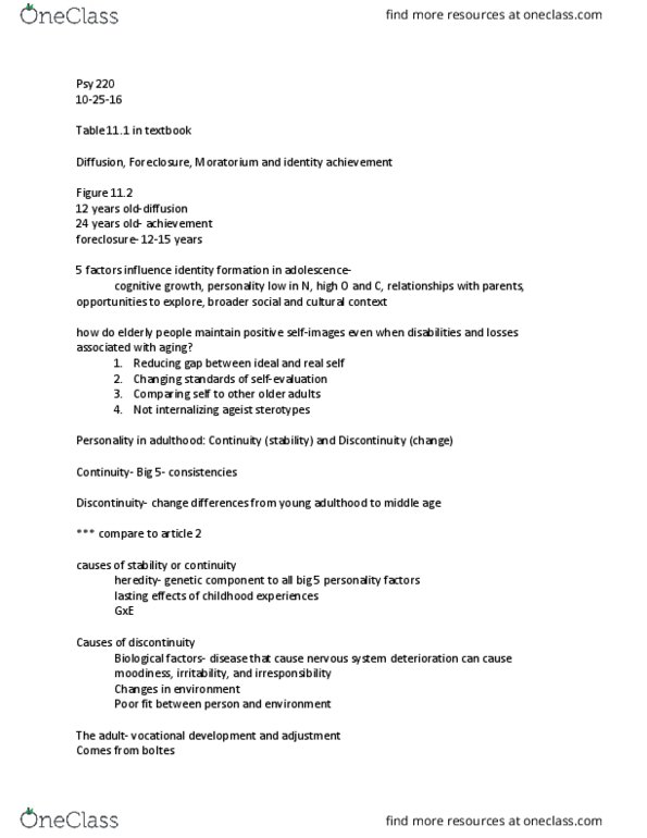 PSY 220 Lecture Notes - Lecture 11: Identity Formation, Job Performance, Psy thumbnail