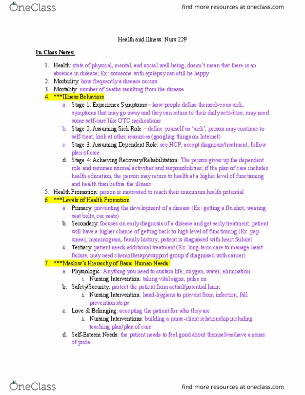 NUR 229 Lecture Notes - Lecture 9: Pap Test, Chronic Condition, Nursing Process thumbnail