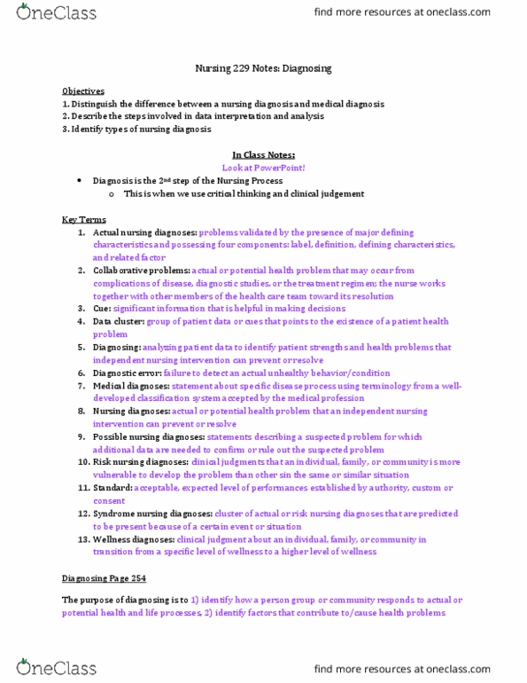 NUR 229 Lecture Notes - Lecture 5: Nursing Diagnosis, Medical Diagnosis, Data Cluster thumbnail