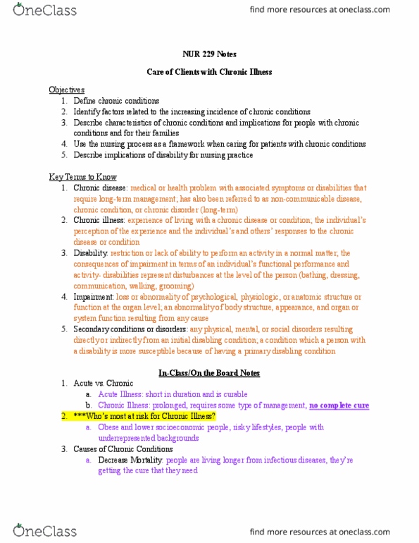 NUR 229 Lecture Notes - Lecture 5: Non-Communicable Disease, Chronic Condition, Nursing Process thumbnail