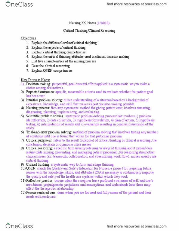 NUR 229 Lecture Notes - Lecture 5: Critical Thinking, Nursing Process, Reflective Practice thumbnail