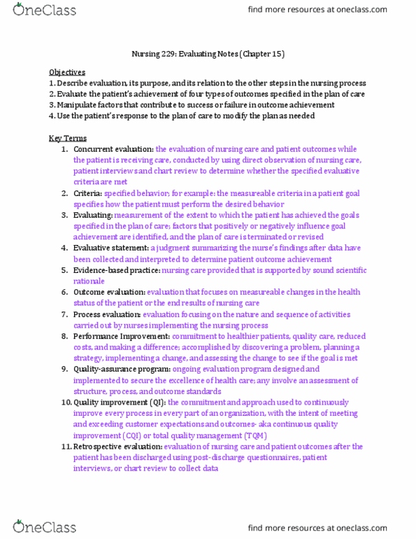 NUR 229 Lecture Notes - Lecture 5: Nursing Assessment, Nursing Process, Quality Assurance thumbnail