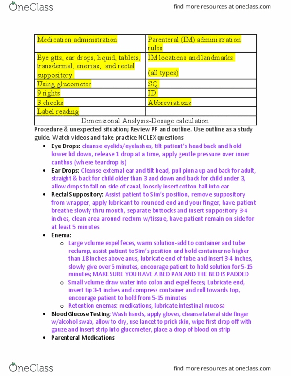 NUR 222 Lecture Notes - Lecture 4: Glucose Meter, Suppository, Gastrointestinal Tract thumbnail