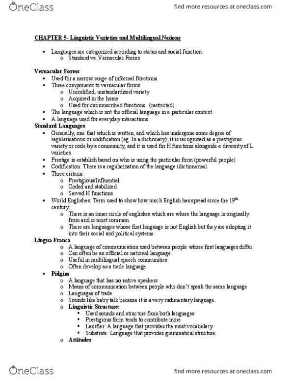 LING 160 Chapter Notes - Chapter 5 and 15: Baby Talk, Sociolinguistics, Language Change thumbnail