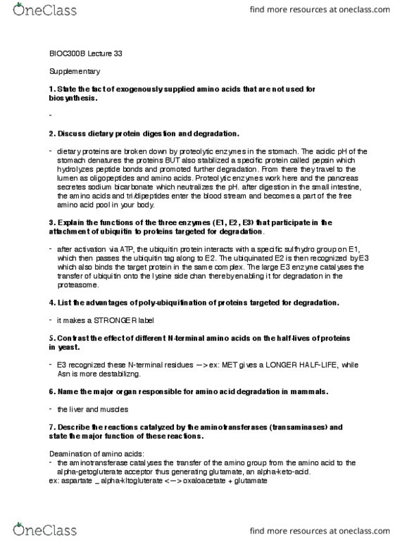 BIOC 300B Lecture Notes - Lecture 33: Aspartate Transaminase, Sodium Bicarbonate, Ubiquitin thumbnail