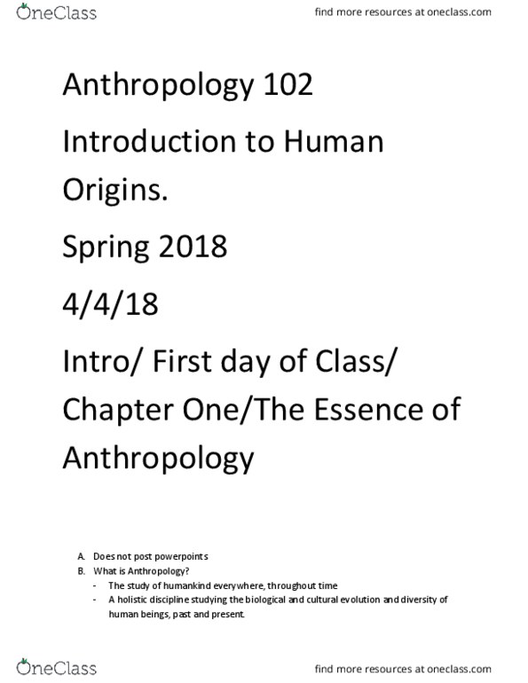 ANTH 102 Lecture Notes - Lecture 1: Biological Anthropology, Cultural Anthropology, Cultural Relativism thumbnail