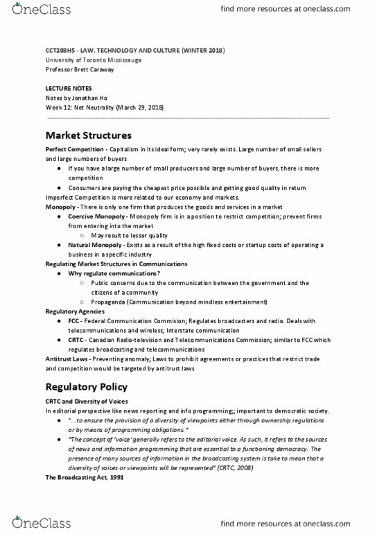 CCT206H5 Lecture Notes - Lecture 12: Federal Communications Commission, Technology And Culture, Net Neutrality thumbnail