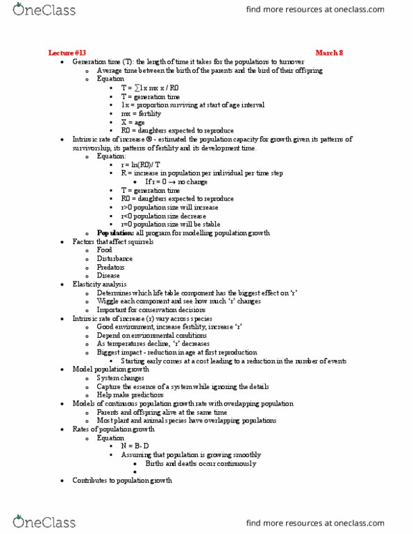 BIOL 2060 Lecture Notes - Lecture 13: Generation Time, Life Table, Exponential Growth thumbnail