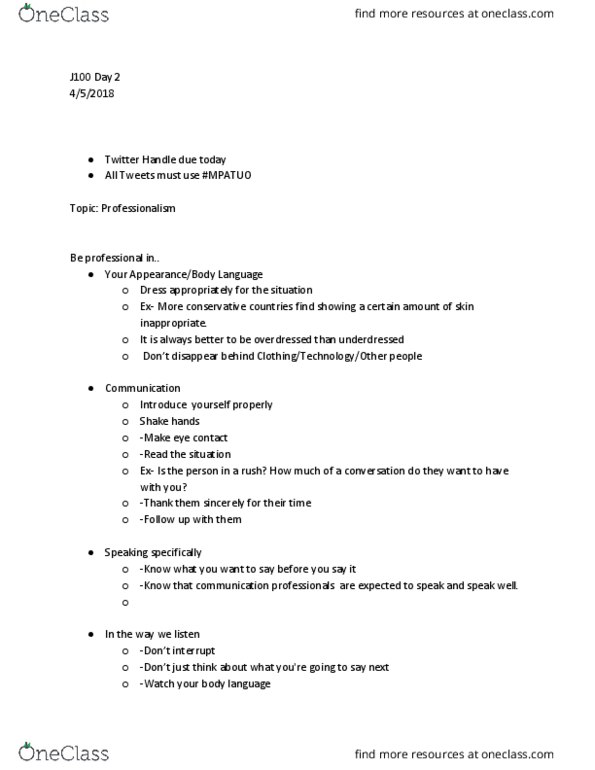 J 100 Lecture Notes - Lecture 2: Linkedin, Active Listening, Sms Language thumbnail