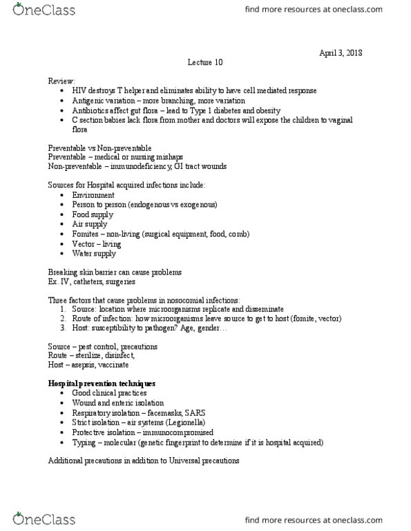 HSS 1100 Lecture Notes - Lecture 10: Diabetes Mellitus Type 1, Gut Flora, Universal Precautions thumbnail