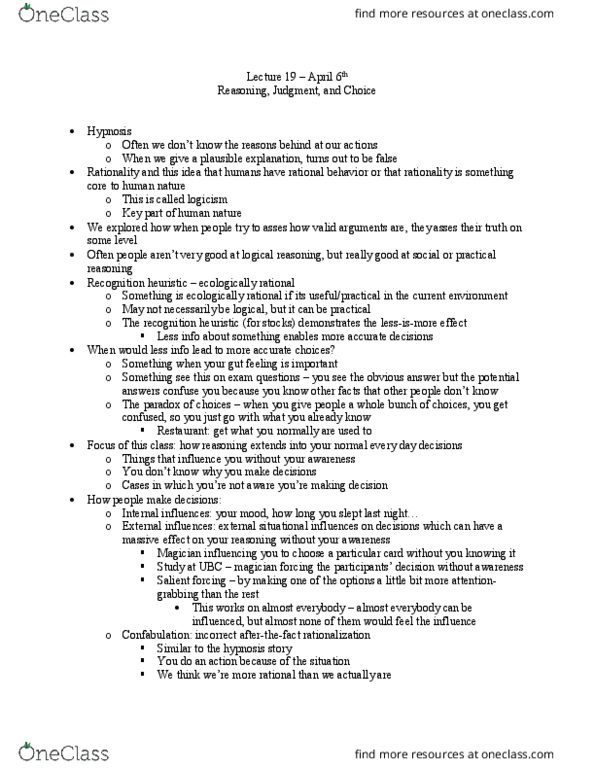 PSYC 213 Lecture Notes - Lecture 1: Recognition Heuristic, Confabulation, Hypnosis thumbnail