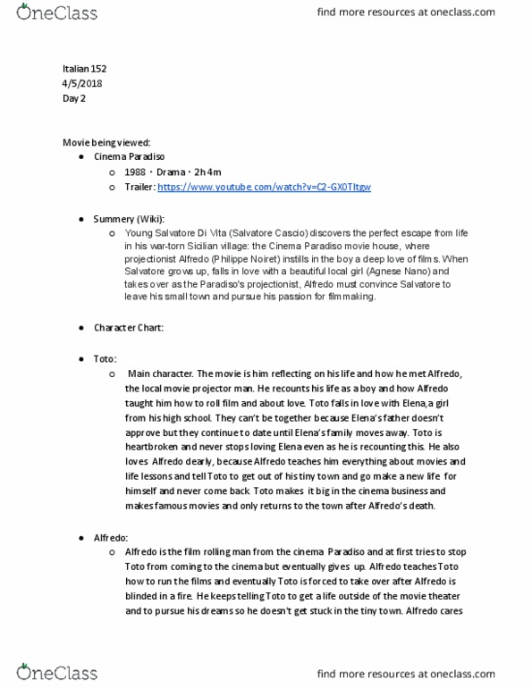 ITAL 152 Lecture Notes - Lecture 2: Salvatore Cascio, Cinema Paradiso, Agnese Nano thumbnail