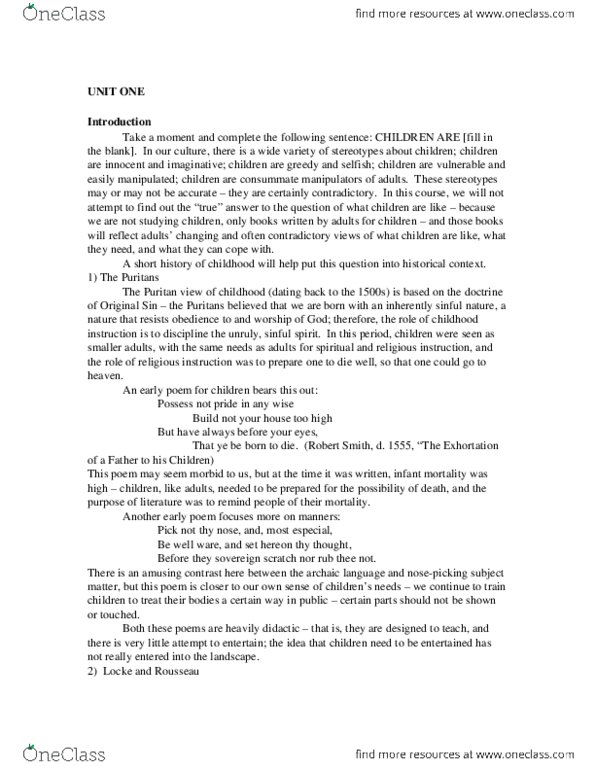 English 2033E Lecture Notes - Jean-Jacques Rousseau, Brothers Grimm, Puritans thumbnail