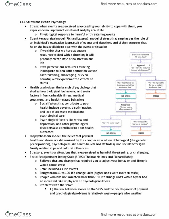 PSYC 201 Chapter Notes - Chapter 13.1: Major Disaster, Occupational Stress, Biopsychosocial Model thumbnail