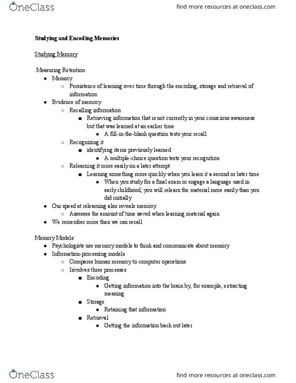 PSYC 111 Lecture Notes - Lecture 9: Self-Reference, Echoic Memory, Short-Term Memory thumbnail